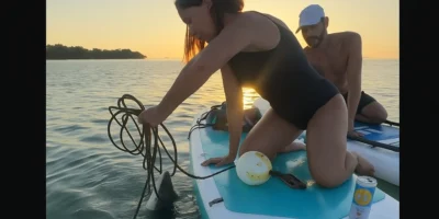 Paddle boarder saves entangled shark from rope