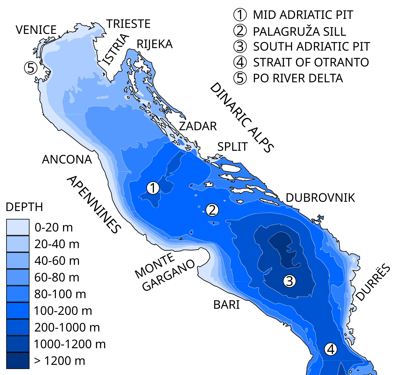 Carta batimetrica del mare Adriatico e delle sue zone di profondità