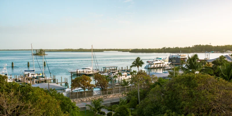 Kleiner Hafen auf Bimini mit Segelbooten, Motorbooten, Küste und Meer