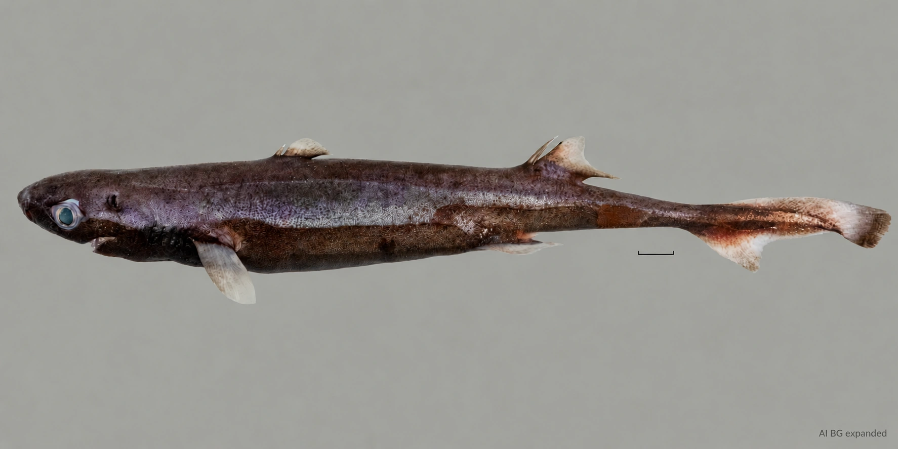 Frisches Weibchen von Etmopterus bulbosus mit bauchiger Schnauze, zwei Rückenflossen und Maßstabsbalken; Hintergrund mit KI erweitert