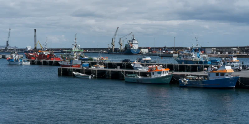 Fischerboote an den Anlegestegen im Hafen von Ponta Delgada auf São Miguel, Azoren