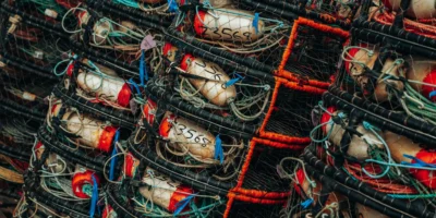 Gestapelte Fischereigeräte mit Netzen, Leinen und Schwimmkörpern