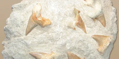 Mehrere fossile Haizähne in einem Gesteinsblock