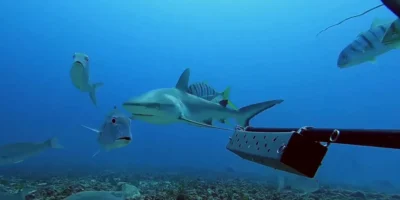 Grauer Riffhai schwimmt zwischen Stachelmakrelen vor den Seychellen