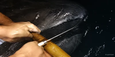 Hände mit einem Messer nahe dem Maul eines Riesenmaulhais; KI-optimierter Videoausschnitt