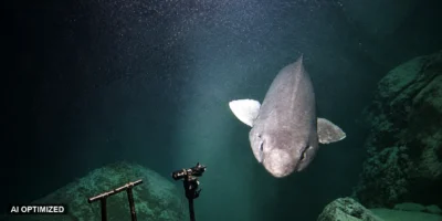 Falscher Marderhai schwimmt frontal auf eine Tiefseekamera zu