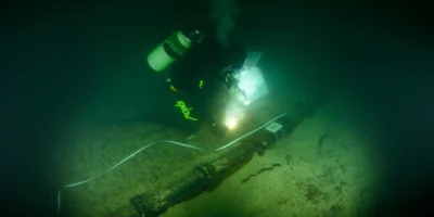 Taucher untersucht ein bewachsenes Unterseekabel am Meeresboden bei Paimpol-Bréhat