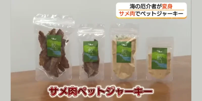 Vier Verpackungen mit Haifleisch-Snacks aus Chizu, als getrocknete Stücke und Pulver, im TSK/FNN-Beitrag